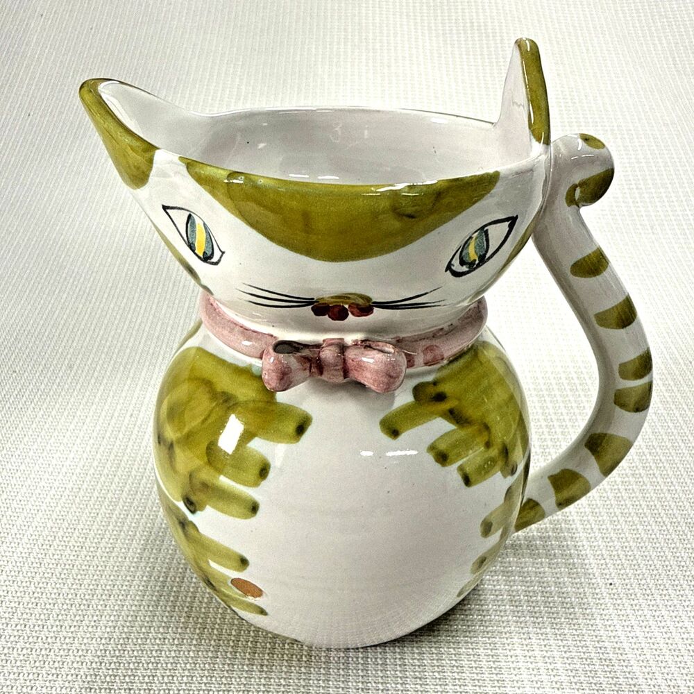 Vintage Italian Pottery Hand-Painted Kitty Cat Pitcher Jug 5.5"T EUC